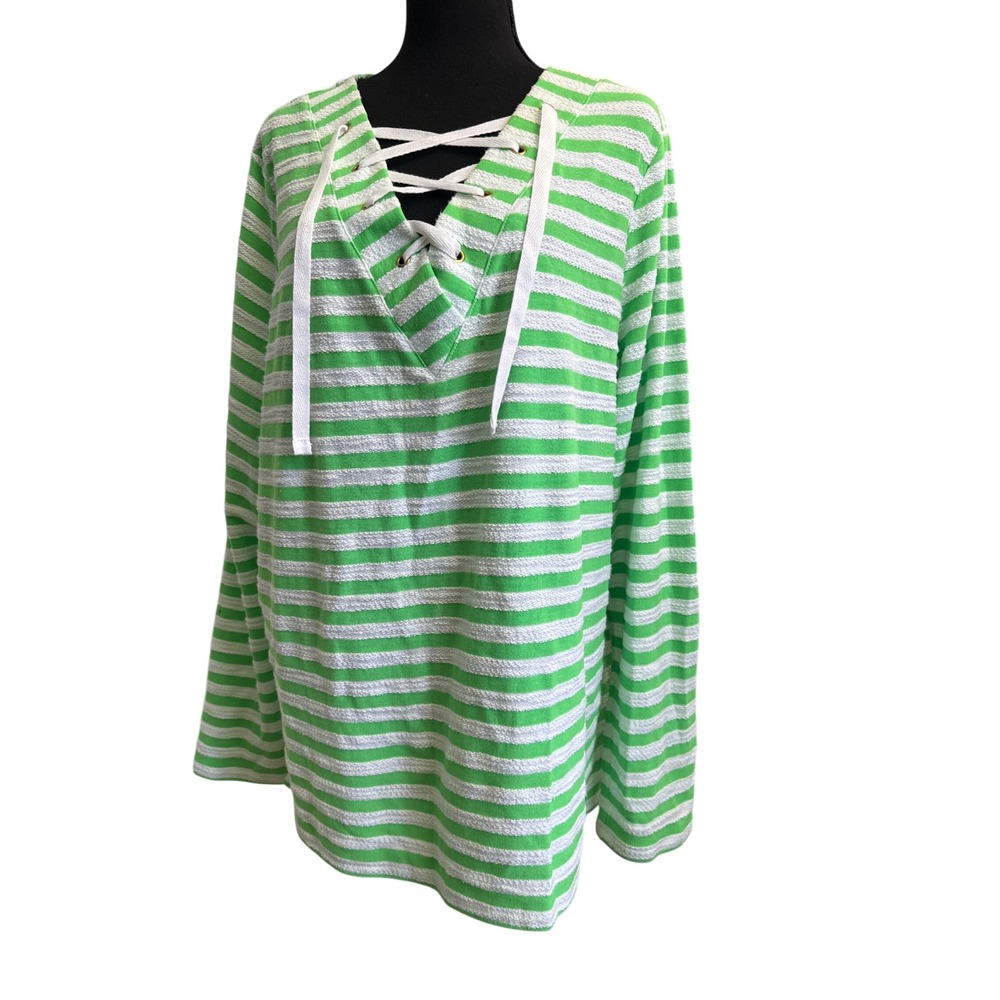 Crown & Ivy Beach Woman Knit Striped Top Green White Coral Plus Size 2X